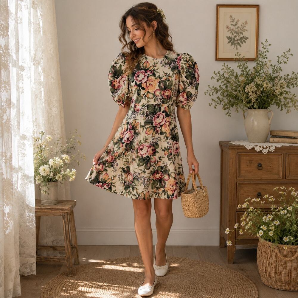Olivaceous Floral Linen Dress Sz S Cottage Romantic Coquette English Garden
